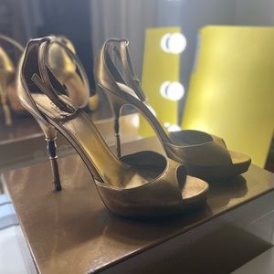 Gucci Bronze Peep Toe Bamboo Heel